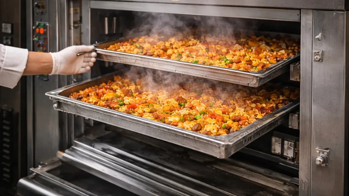 Trays of cooked food being slid into a stainless-steel dehydration cabinet.