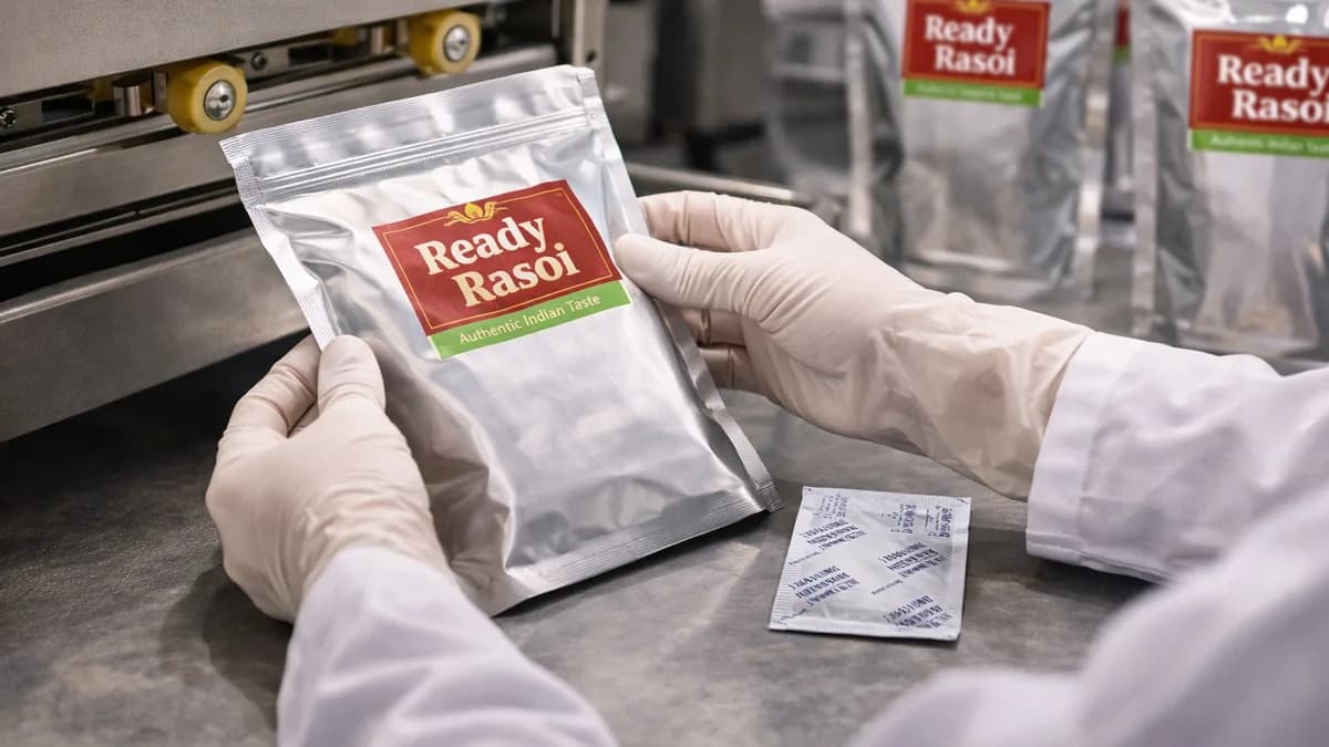 Gloved hands holding a sealed Ready Rasoi foil pouch beside an oxygen absorber sachet at a sealing machine.
