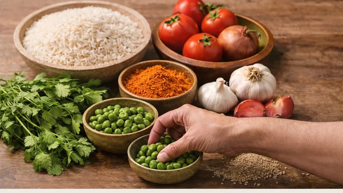 Rice, tomatoes, garlic, coriander, peas and ground spices laid out in bowls on a wooden table, a hand reaching into one of them.