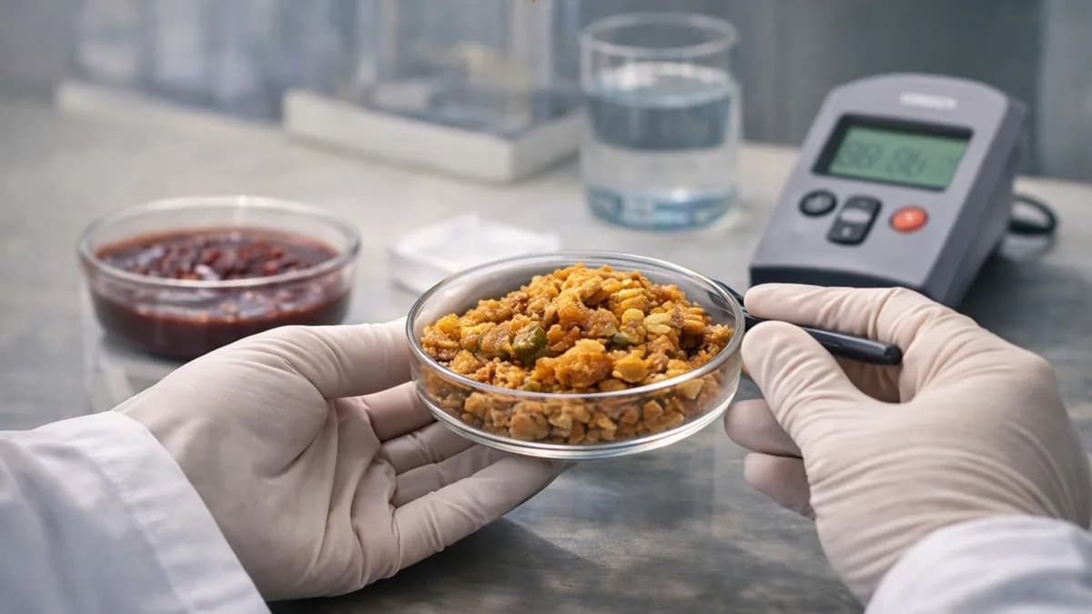 Gloved hands holding a glass dish of dried cooked food beside a digital moisture meter on a laboratory bench.