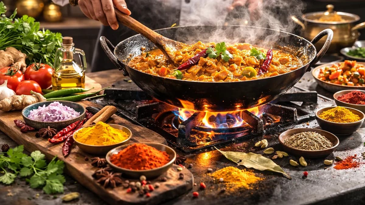 A kadai of curry cooking over a gas flame, surrounded by whole and ground spices on a wooden board.